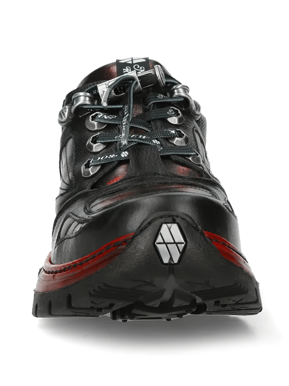 NEW ROCK Women's Shoes with Red Industrial Sole Accents showcasing black design and metallic lace hooks.