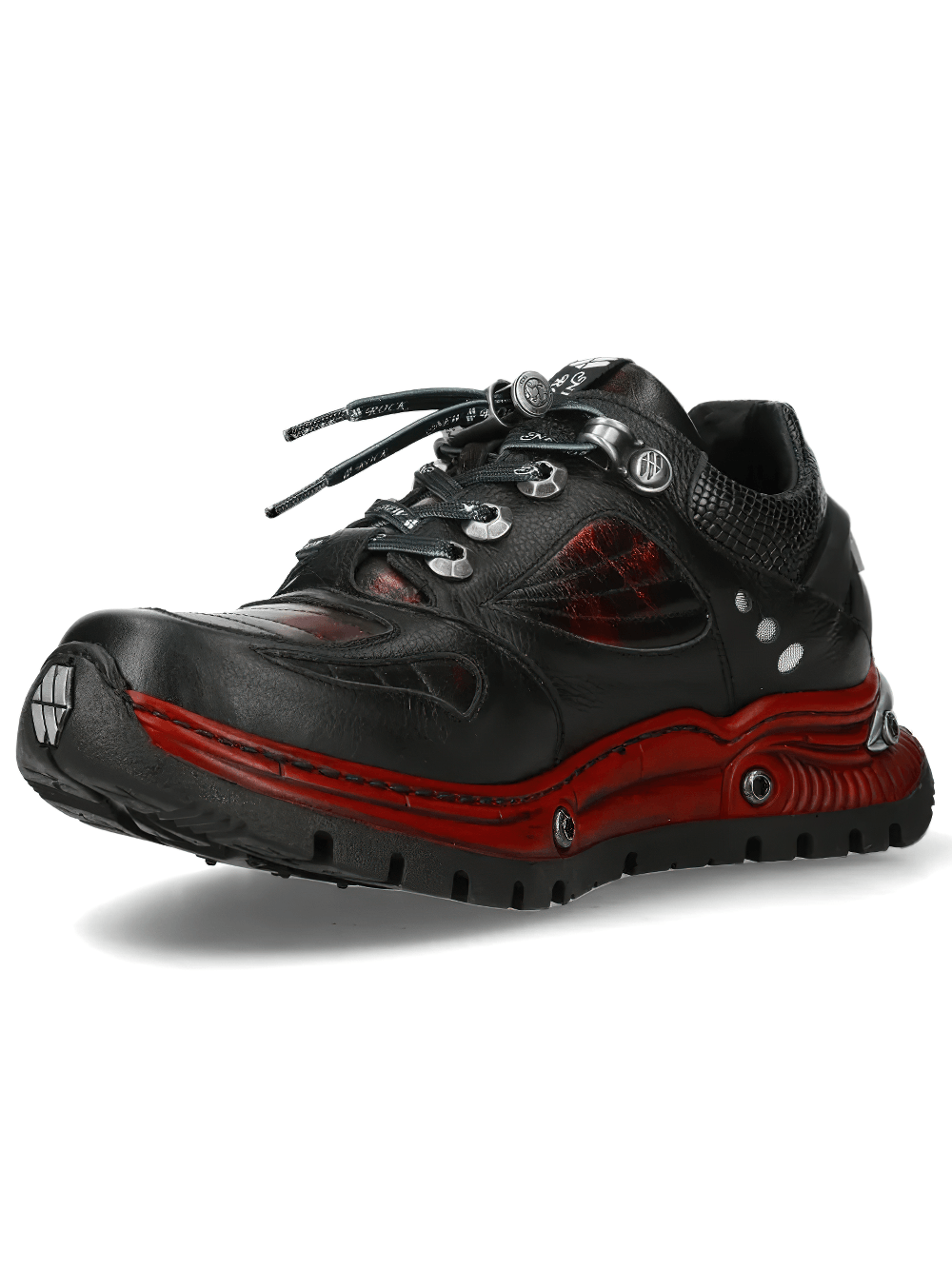 NEW ROCK Women's Shoes with Red Industrial Sole Accents showcasing black and red design with mechanical lace hooks.