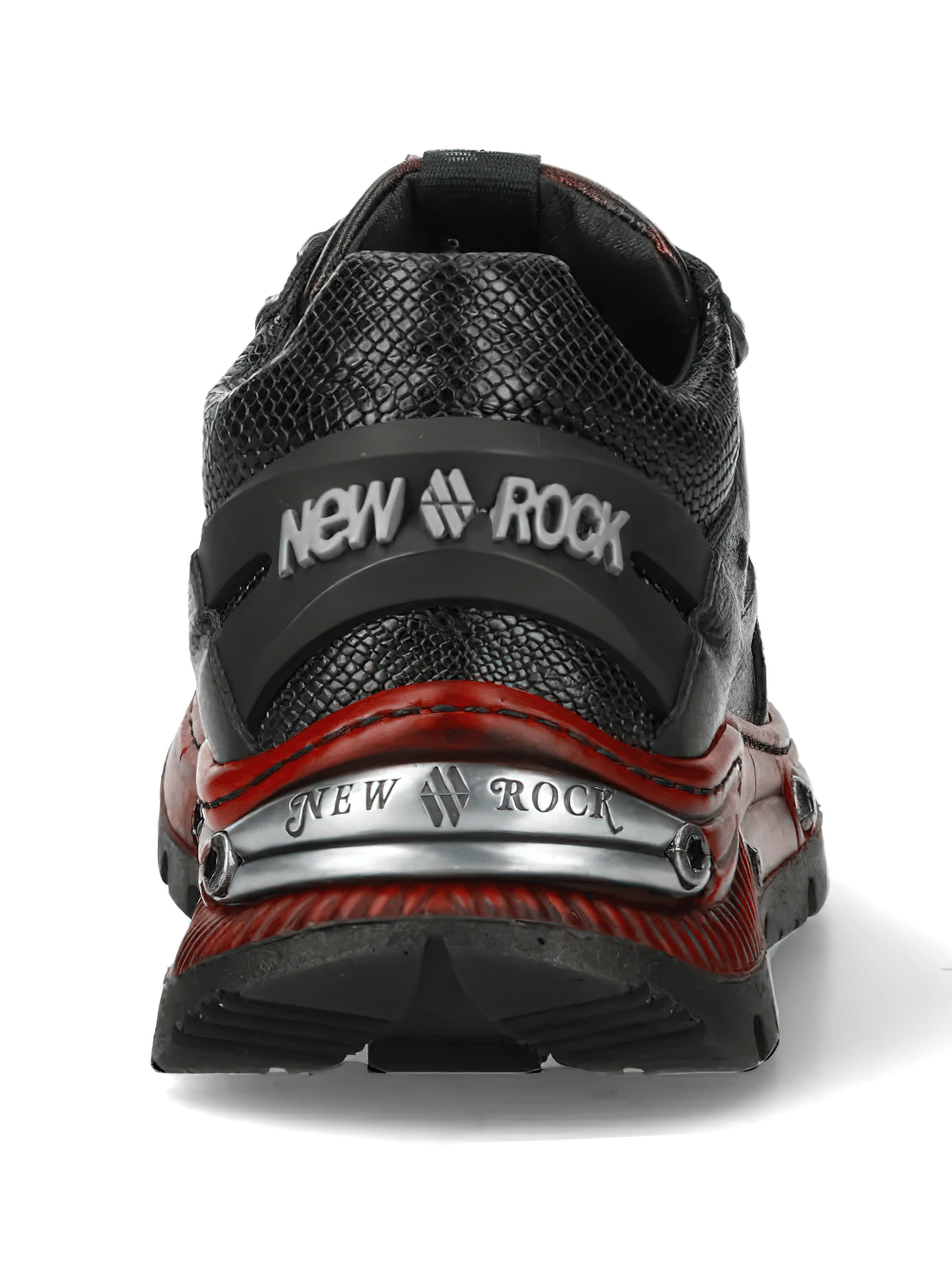 NEW ROCK Women's Shoes with Red Industrial Sole Accents featuring a rugged rear view with metallic details.