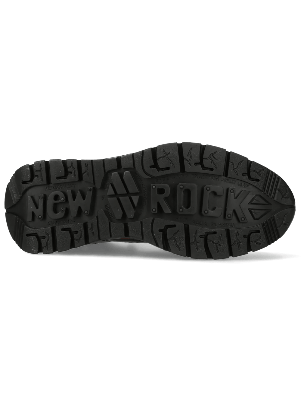 Sole view of NEW ROCK Women's Shoes with Red Industrial Sole Accents showcasing black traction and logo design.