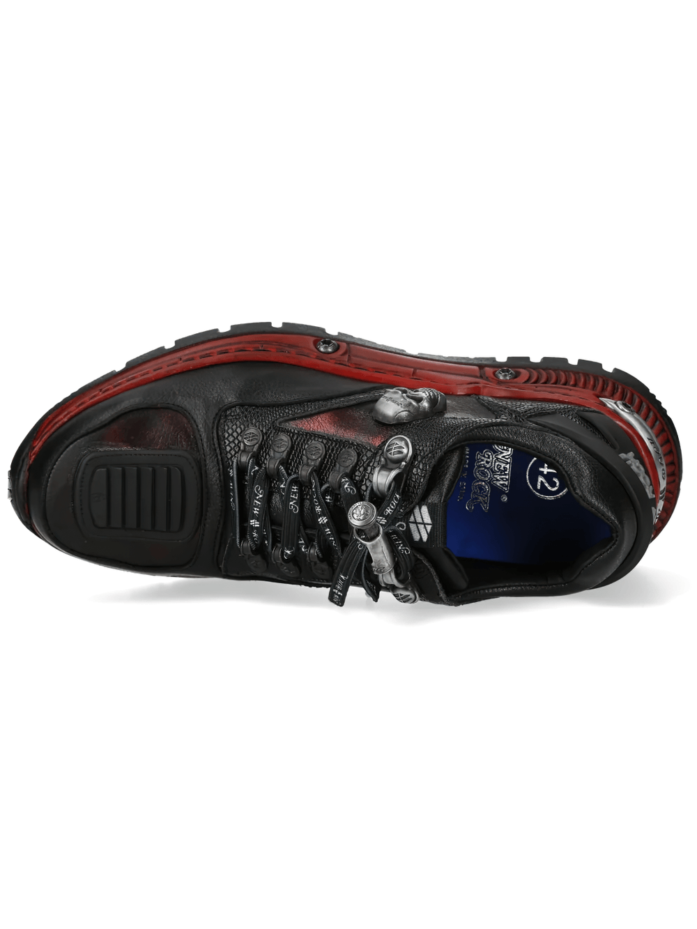 NEW ROCK Women's Shoes with Skull Charm and Red Sole Trim - Top view showcasing the stylish black upper and red trim.