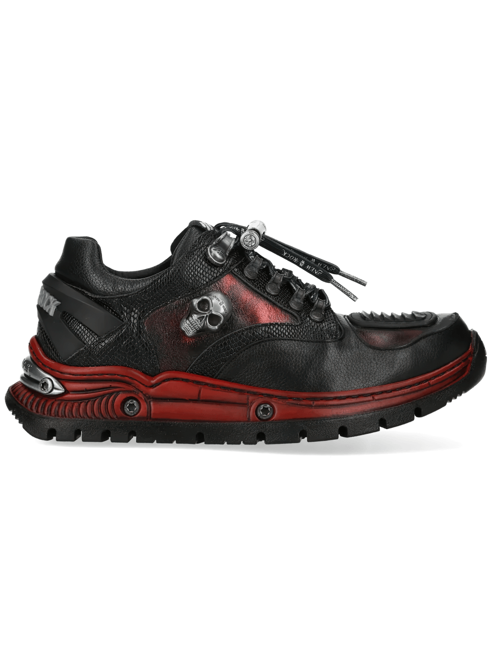 NEW ROCK Women's Shoes with Skull Charm and Red Sole Trim side view showcasing gothic style and industrial details.