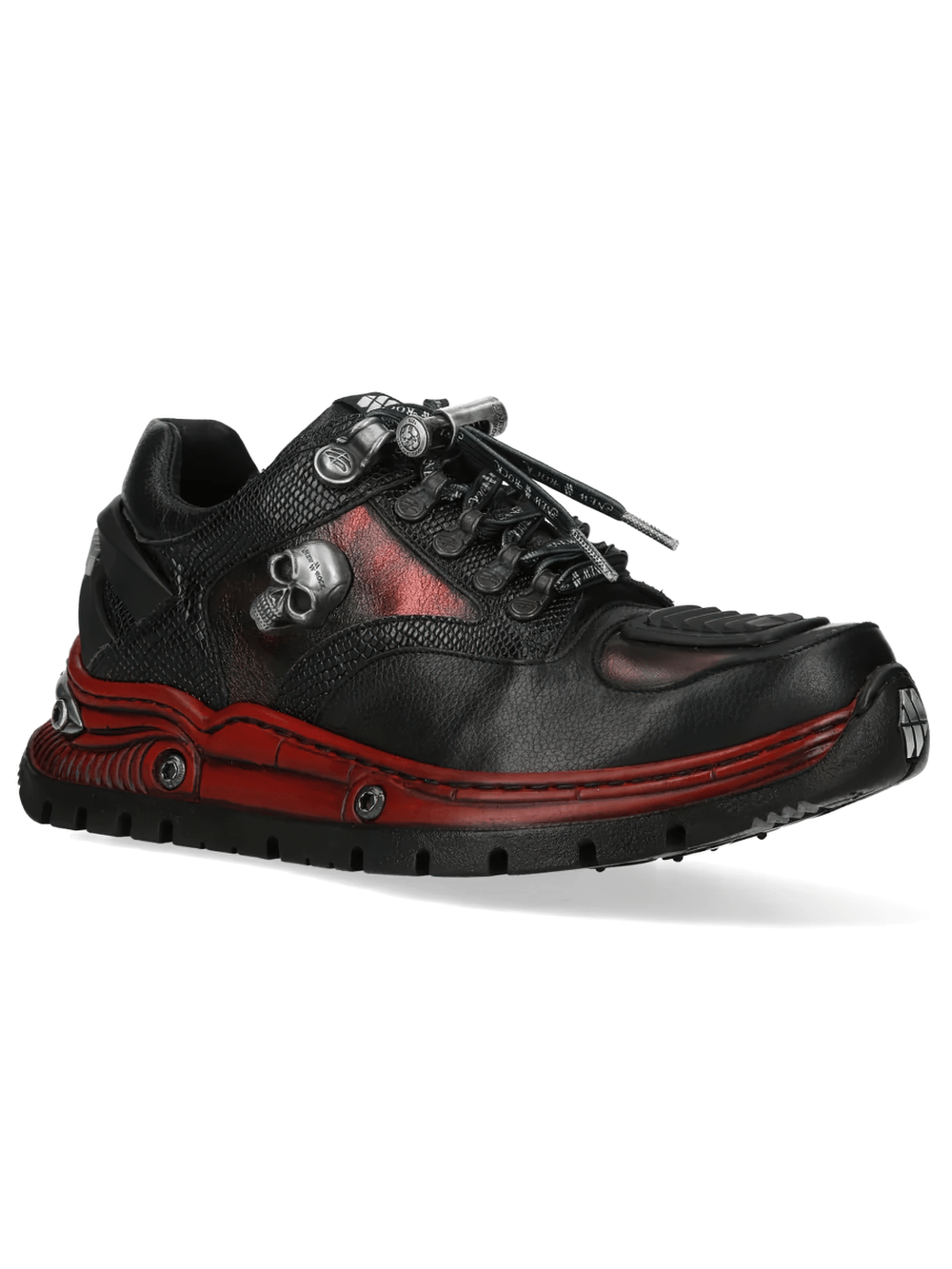 NEW ROCK Women's Shoes with Skull Charm and Red Sole Trim in black with red detailing, perfect for alternative streetwear.