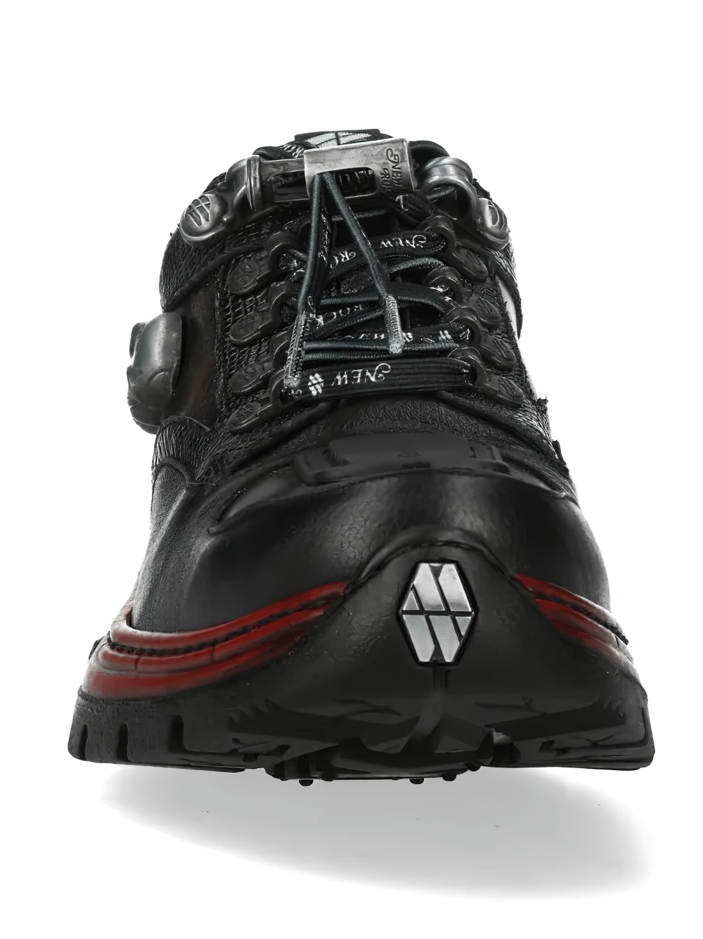 NEW ROCK Women's Shoes with Skull Charm and Red Sole Trim showcasing bold design and industrial details.