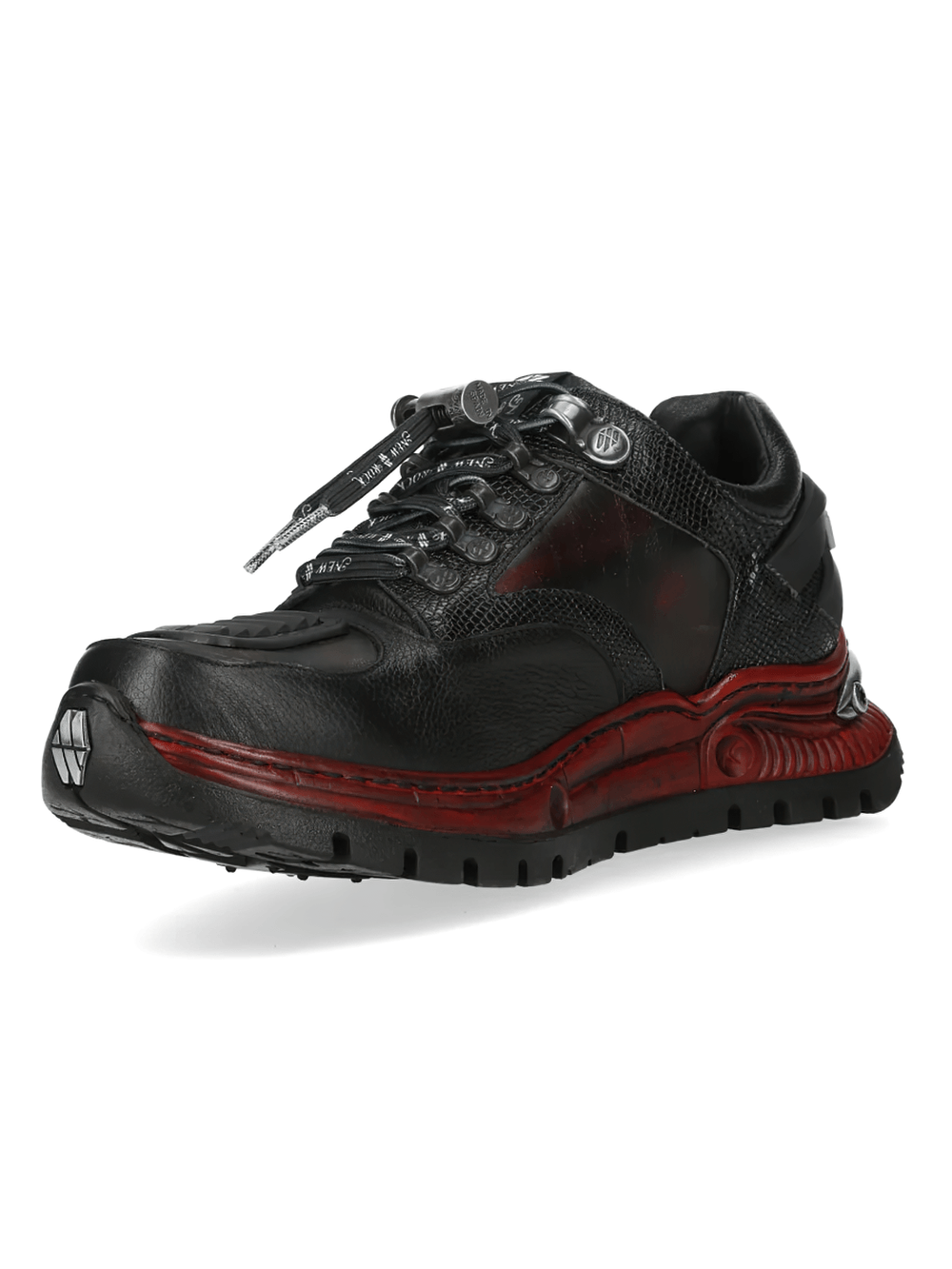 NEW ROCK Women's Shoes with Skull Charm and Red Sole Trim featuring black upper and bold red detailing.