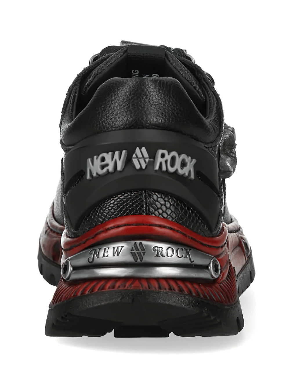 NEW ROCK Women's Shoes with Skull Charm and Red Sole Trim, showcasing bold black design and red accents.