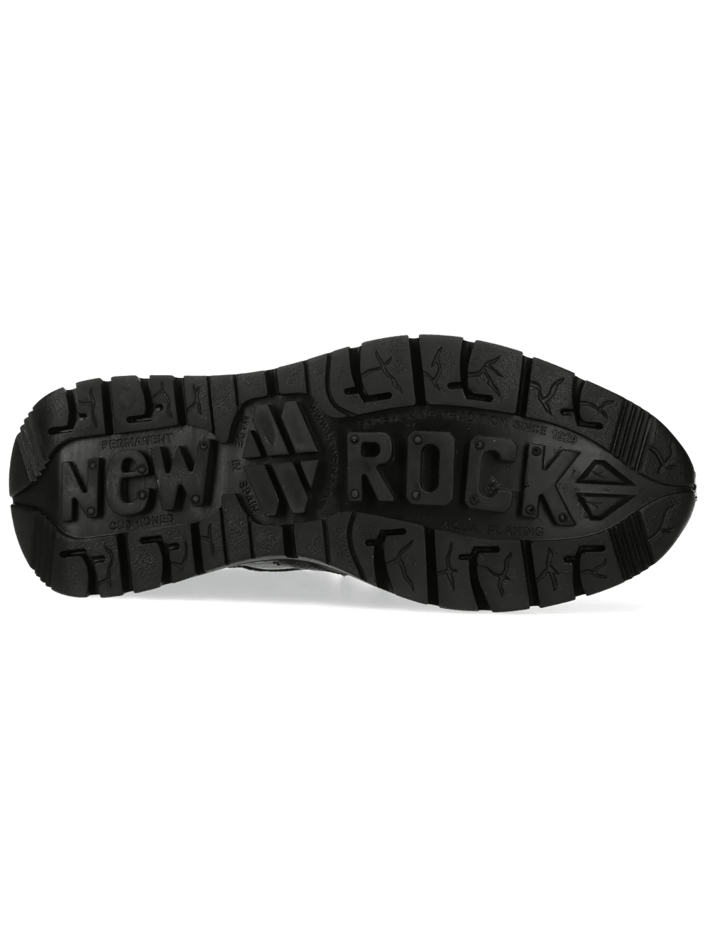NEW ROCK Women's Shoes with Skull Charm and Red Sole Trim outsole design with rugged tread and branding.