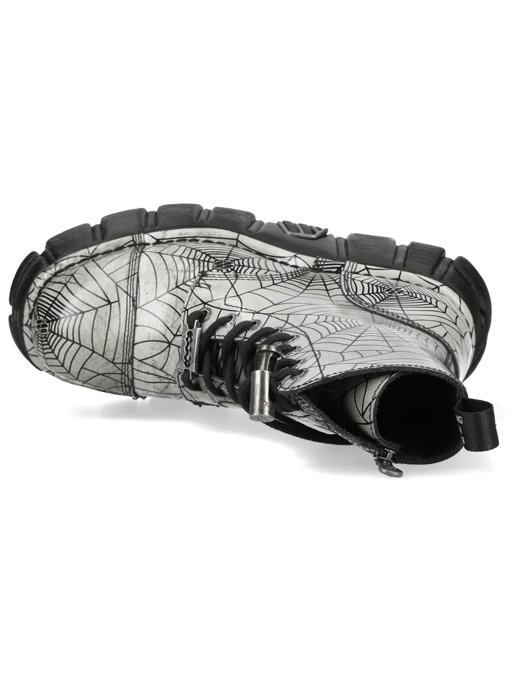 NEW ROCK Women's Spiderweb Gothic Boots with Chunky Platform featuring a spiderweb print and chunky lug sole.