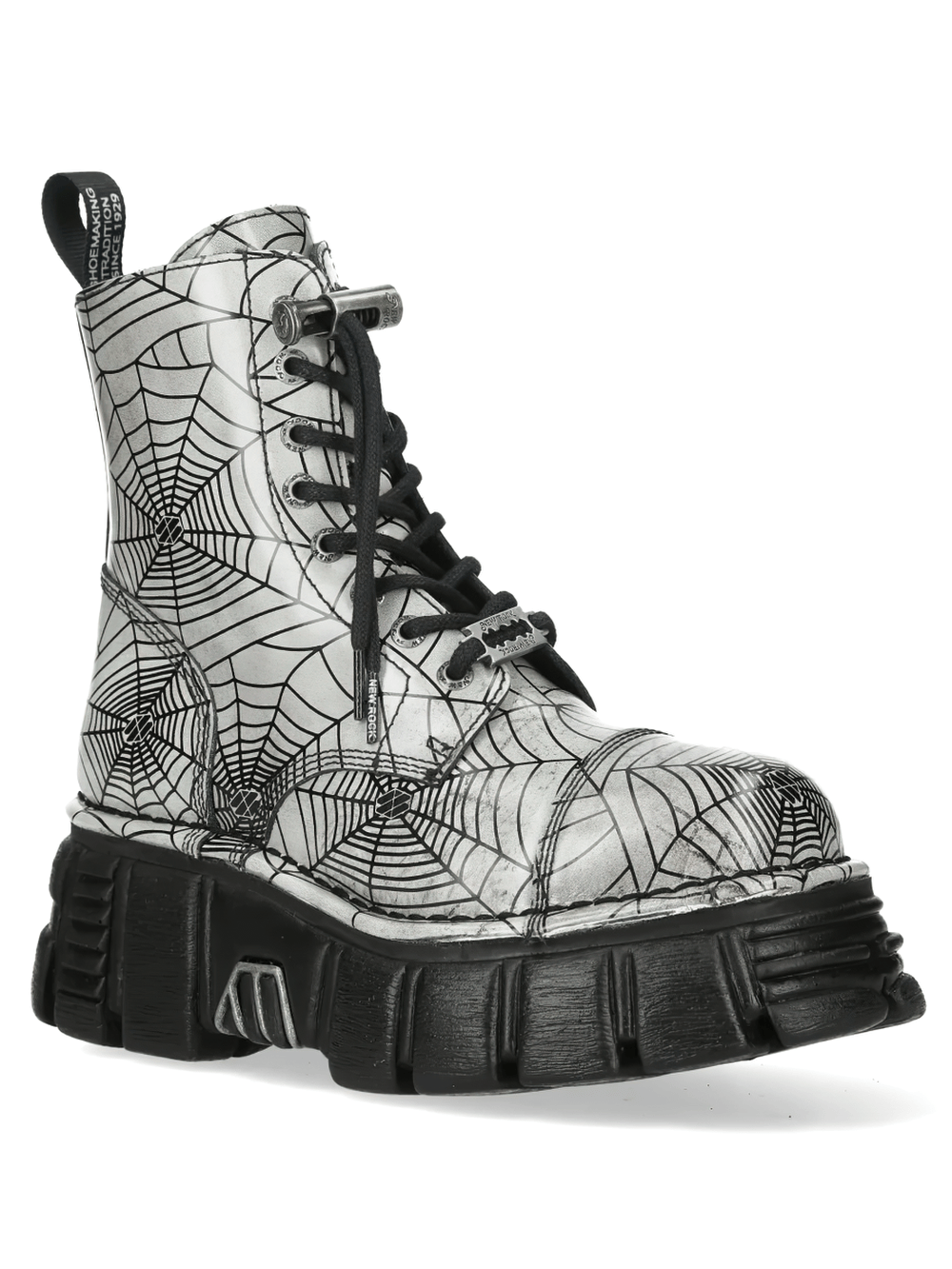 NEW ROCK Women's Spiderweb Gothic Boots with Chunky Platform showcasing spiderweb print and chunky platform design.