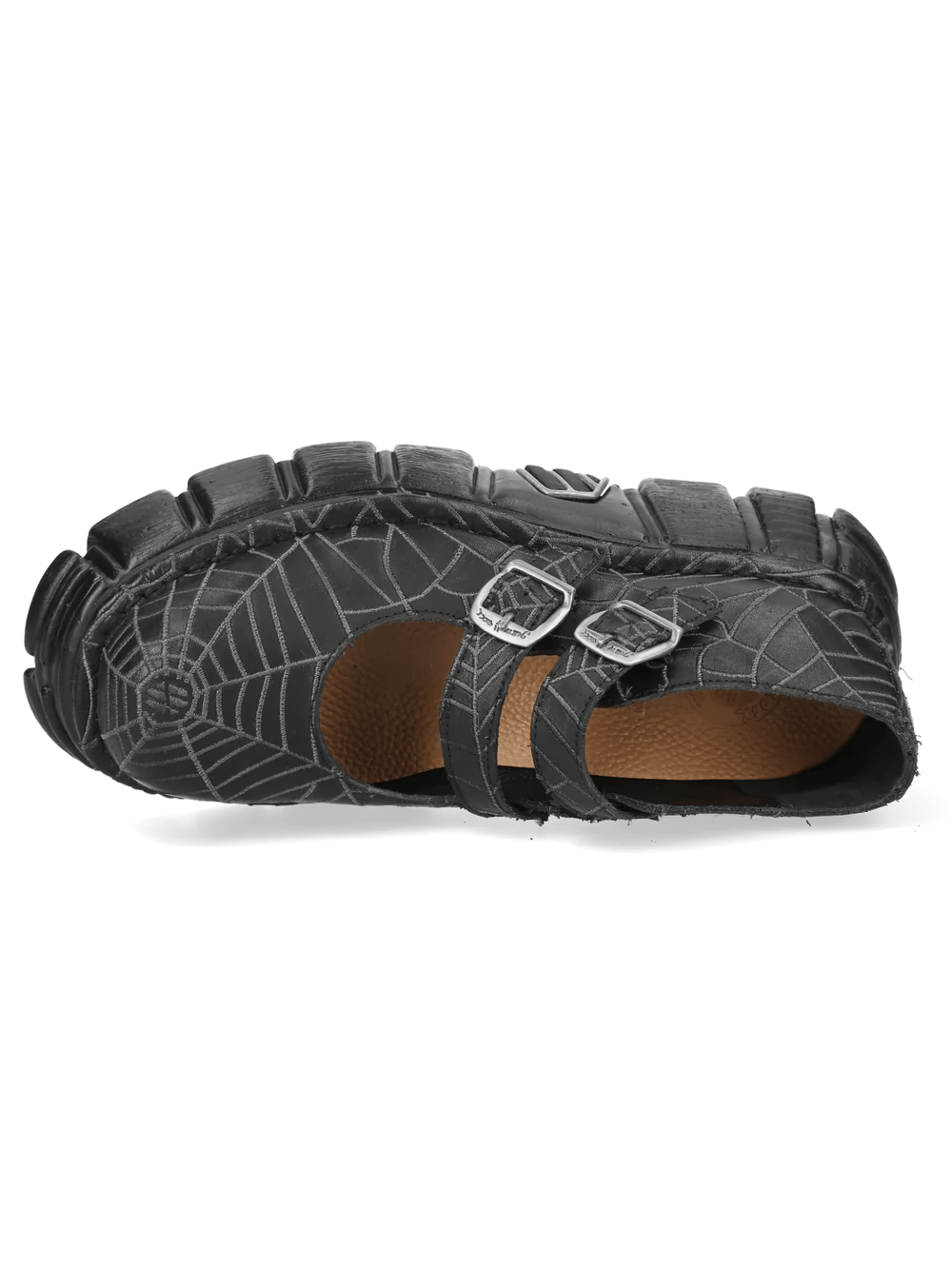 NEW ROCK Women's Spiderweb Mary Janes with Buckle Straps featuring a black spiderweb design.