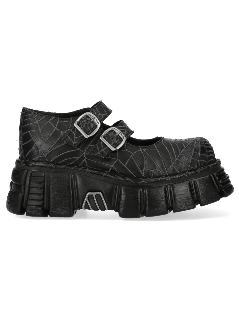 NEW ROCK Women's Spiderweb Mary Janes with Buckle Straps side view showcasing unique spiderweb sole and bold design.
