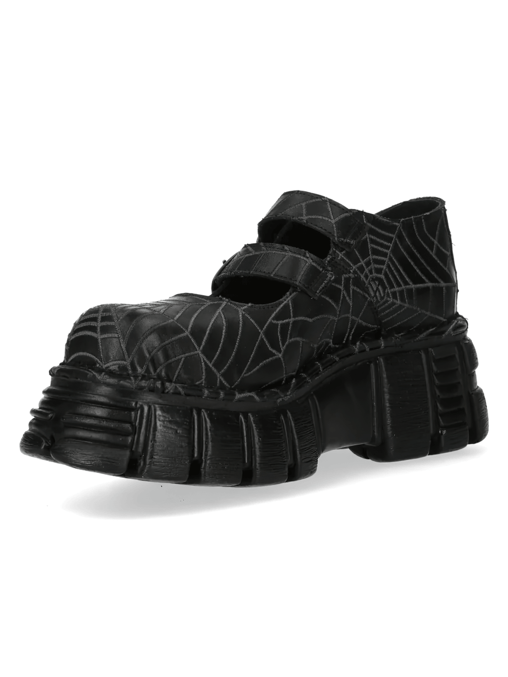 NEW ROCK Women's Spiderweb Mary Janes with Buckle Straps featuring a bold spiderweb design and platform sole.