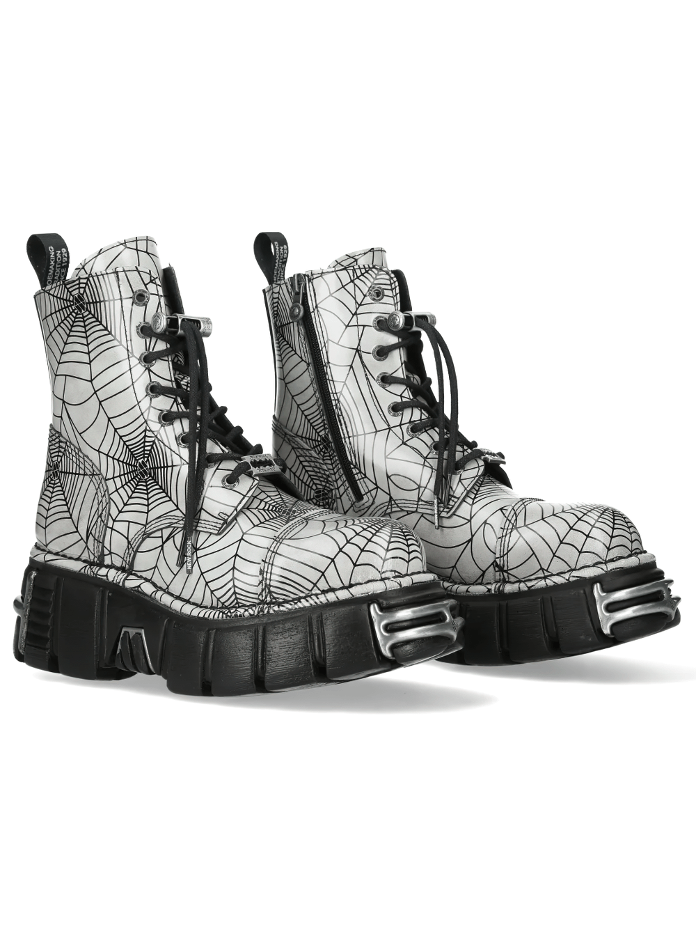 NEW ROCK Women's Spiderweb Platform Boots with Toe Guard in gray and black spiderweb print, featuring a chunky platform sole.