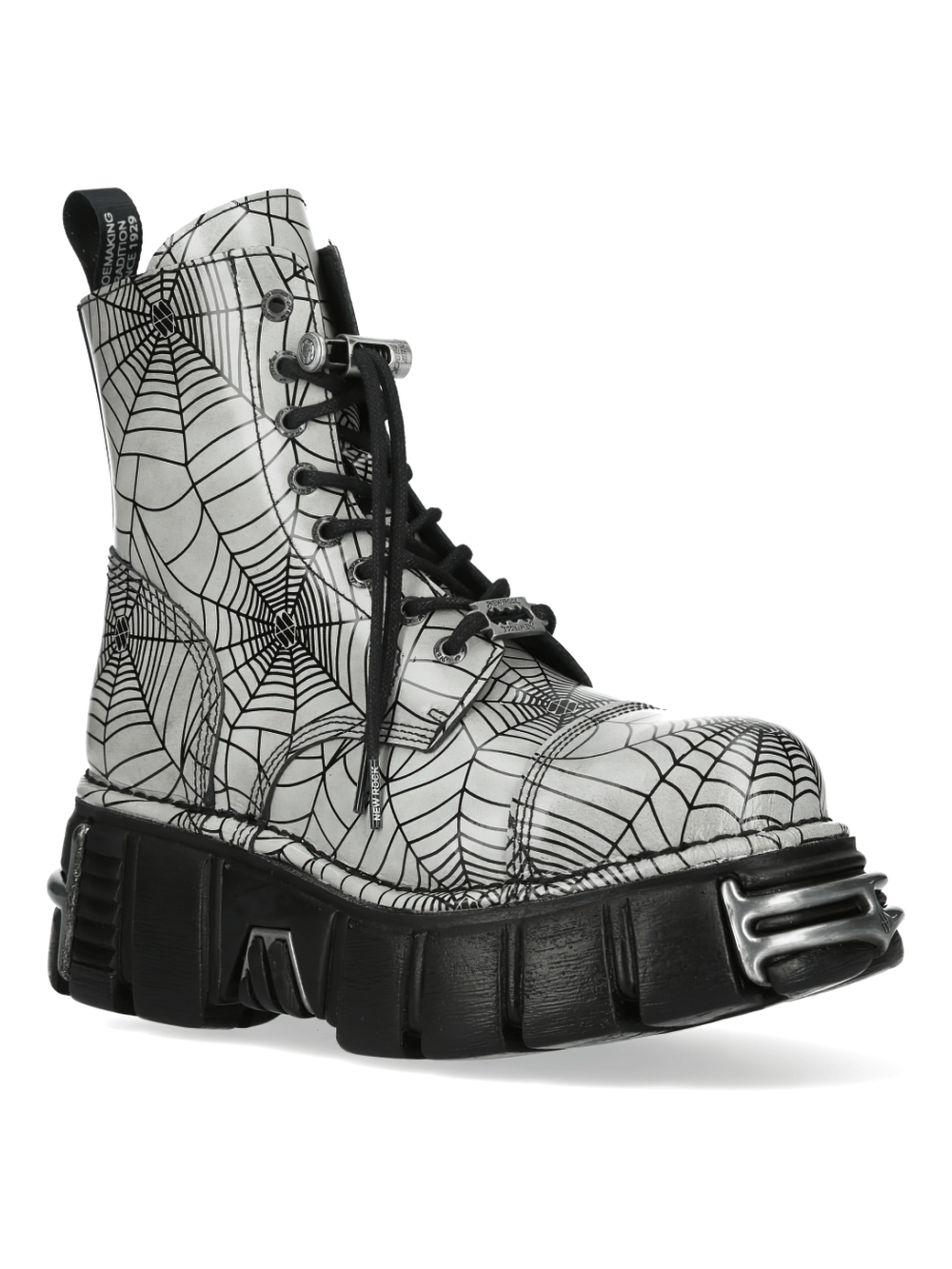 NEW ROCK Women's Spiderweb Platform Boots with Toe Guard in gray and black spiderweb design.