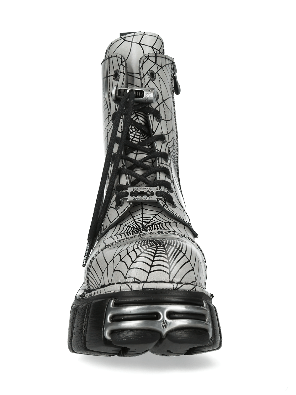 NEW ROCK Women's Spiderweb Platform Boots with Toe Guard featuring bold spiderweb print and edgy military design.