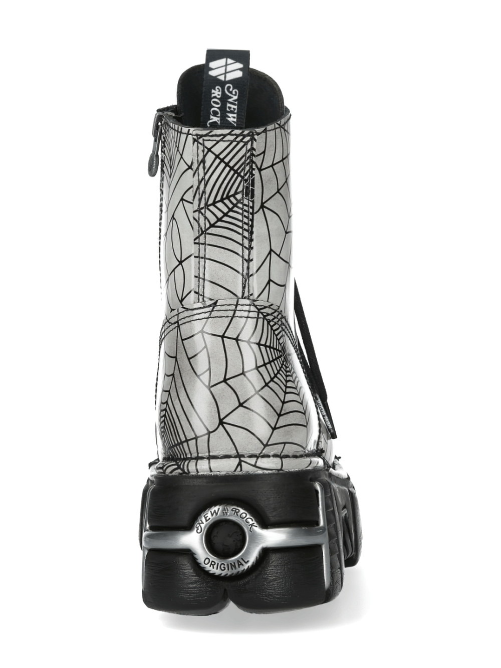 NEW ROCK Women's Spiderweb Platform Boots with Toe Guard featuring spiderweb print and side zipper, showing back view.
