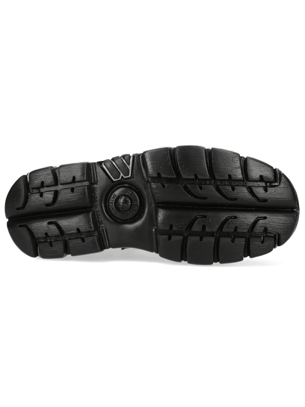 Bottom view of NEW ROCK Women's Spiderweb Platform Boots with Toe Guard showcasing durable black sole and unique tread design.