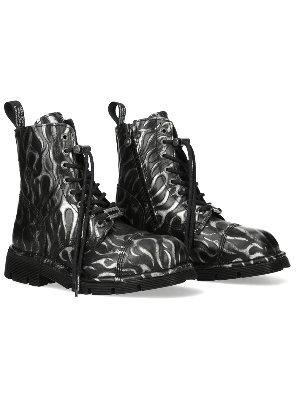 NEW ROCK Women's Steel Fire Gothic Ankle Boots with Zipper in metallic flame design and black laces.