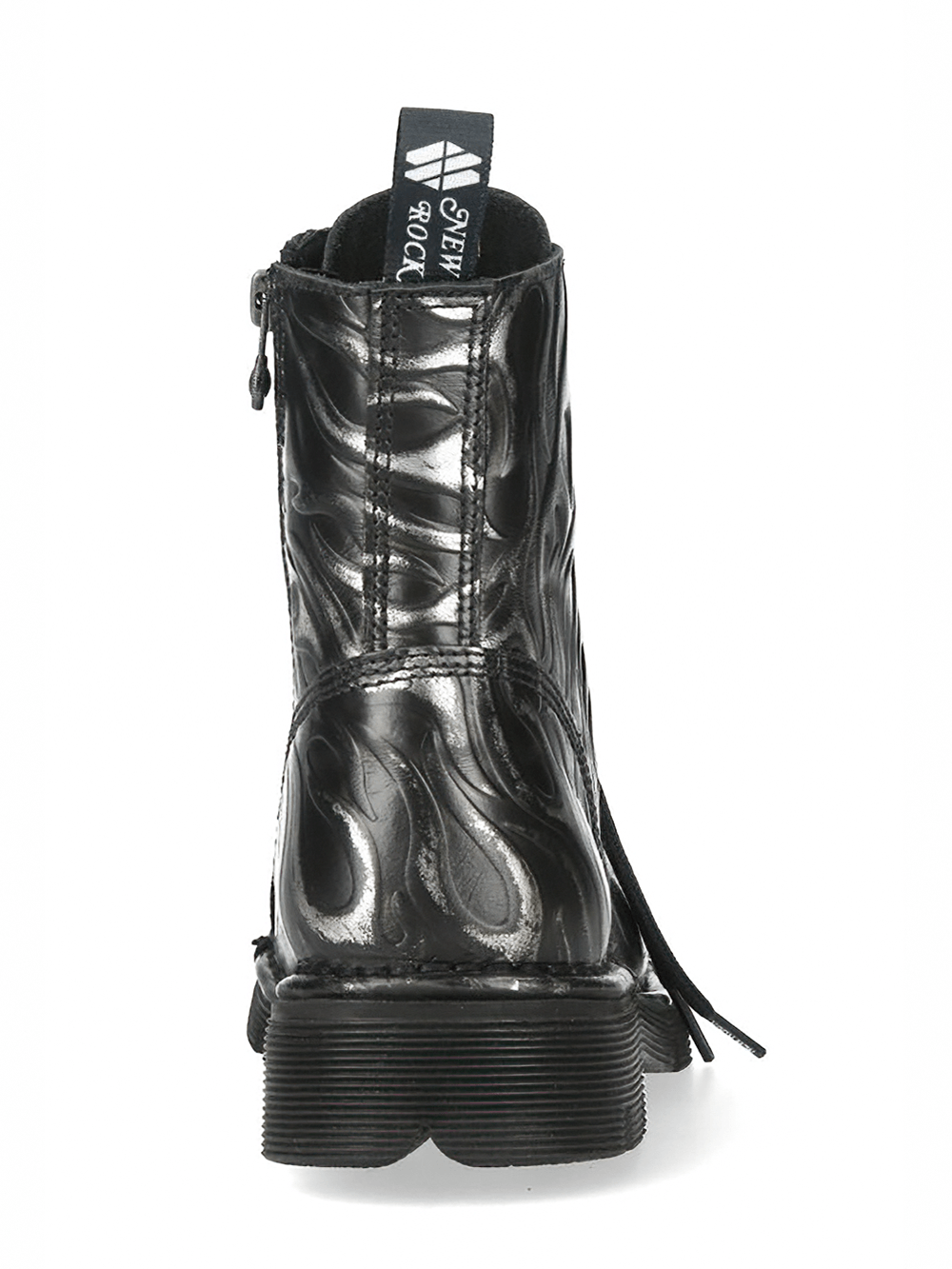 NEW ROCK Women's Steel Fire Gothic Ankle Boots with Zipper back view showcasing metallic flame design and zipper.