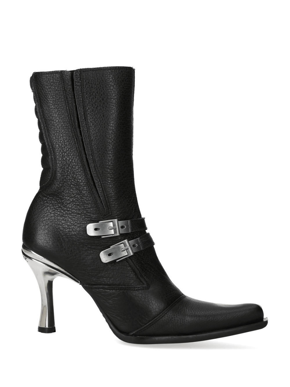 NEW ROCK Women's Stiletto Boots With Buckles and Zippers featuring a sleek black design and silver heel.