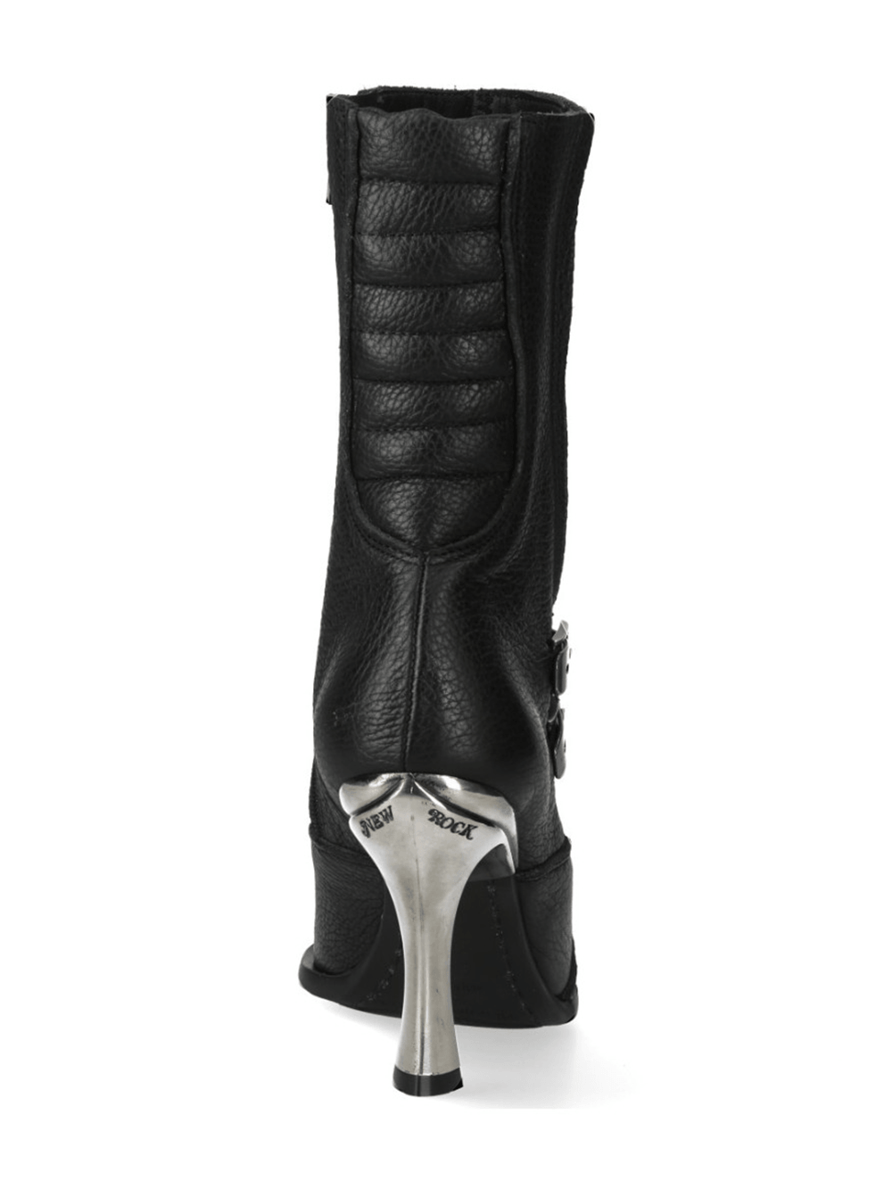 NEW ROCK Women's Stiletto Boots With Buckles and Zippers - Back view showcasing silver heel and textured black leather.