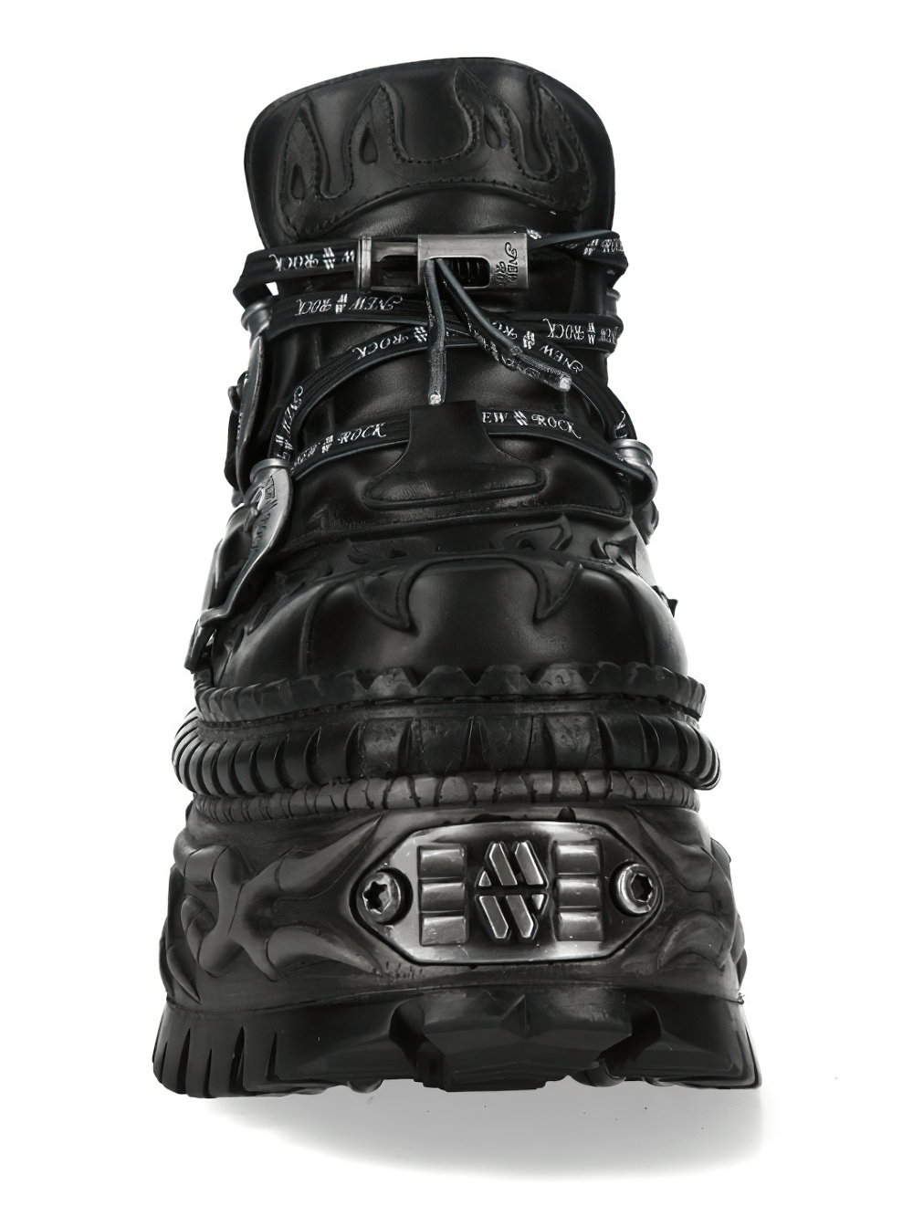 NEW ROCK Women's Stylish Platform Shoes with Strap featuring flame detail and chunky sculpted sole.