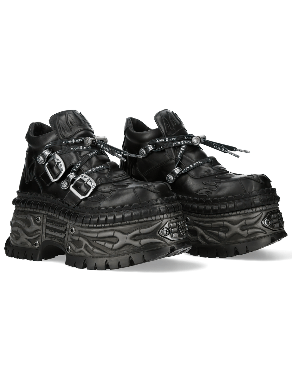 NEW ROCK Women's Stylish Platform Shoes with Strap featuring flame buckle details and chunky sculpted sole.