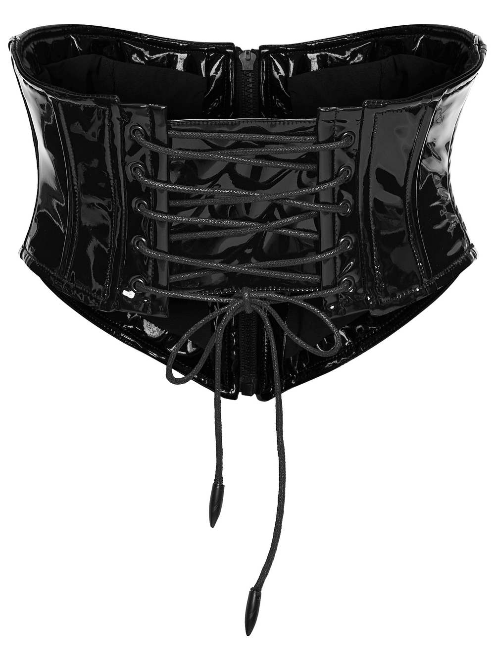 Patent Leather Corset Belt with Zipper for Women showcasing a stylish black design with lace-up and zipper details.