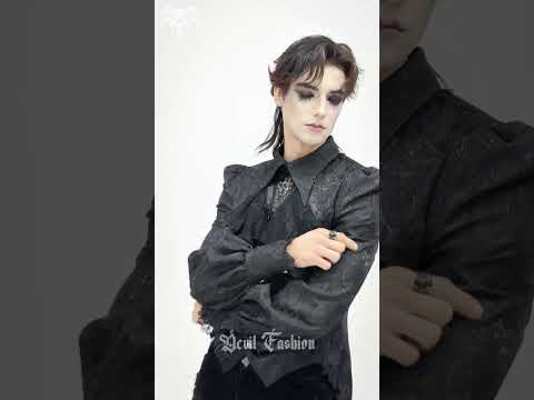Black Gothic Brocade Shirt with Ruffles and Lace worn by a model showcasing dark romantic style.