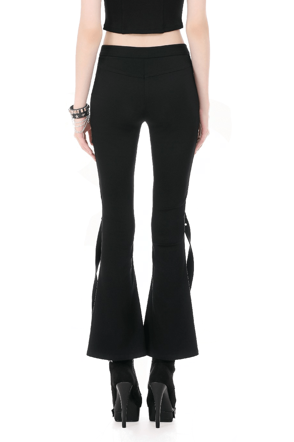 Punk Black Flared Pants with Mesh Cutout and Straps showcased from the back, highlighting the buckle strap detail.
