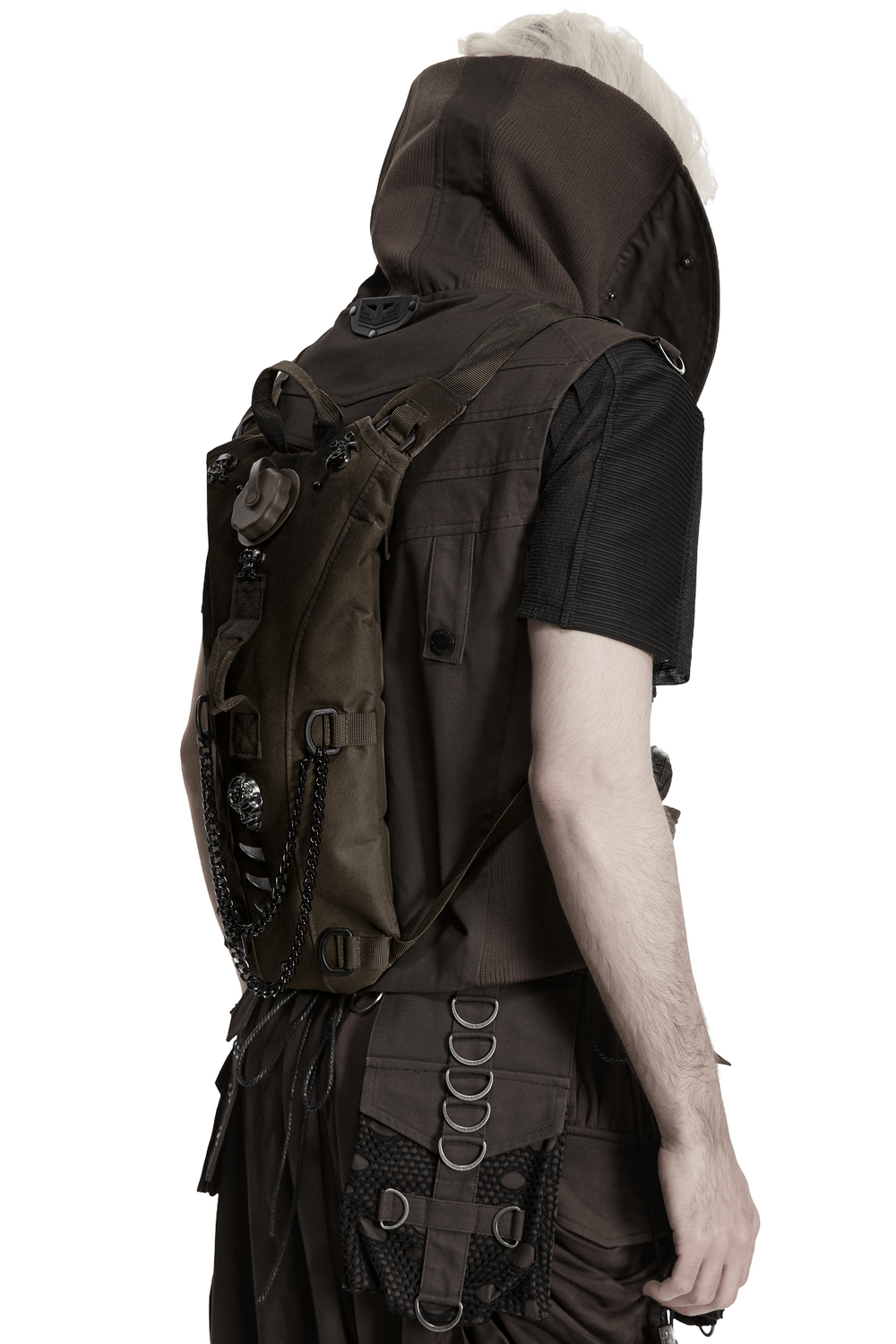 Punk Hydration Backpack with Chains and Studs worn on a model showcasing its edgy style and functional design.