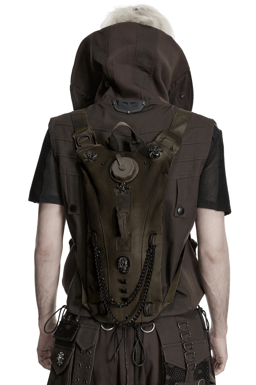 Punk Hydration Backpack with Chains and Studs showcased on a person wearing a hooded vest, featuring metal details.