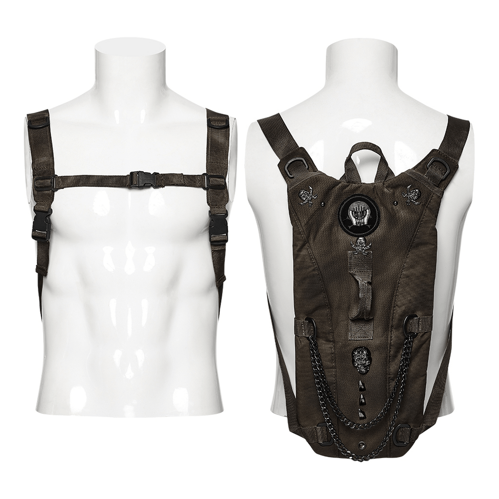 Punk Hydration Backpack with Chains and Studs shown on a mannequin from front and back views with metal details.