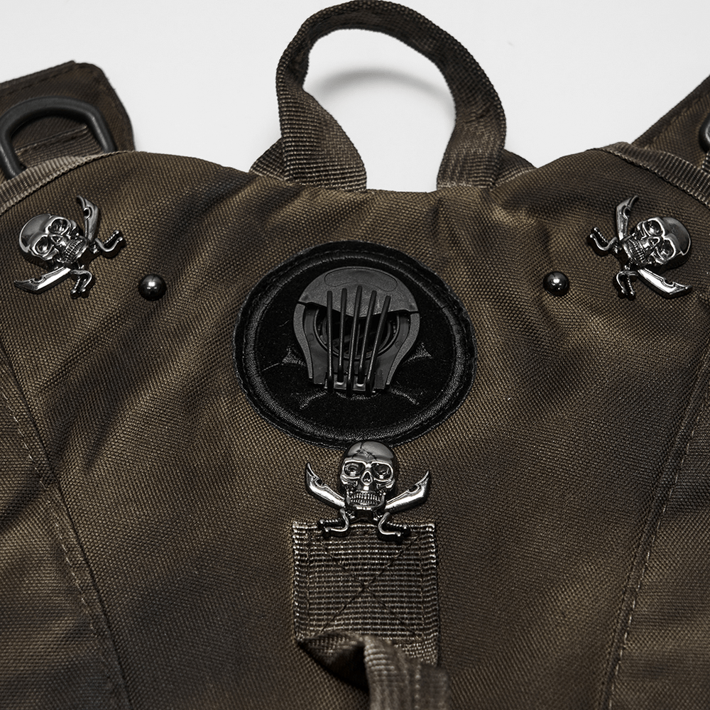 Close-up of the Punk Hydration Backpack with Chains and Studs showcasing metal skull details and studs.