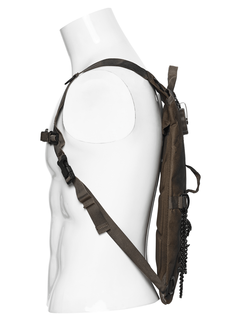 Punk Hydration Backpack with Chains and Studs showcased on mannequin side view showing straps and design details.