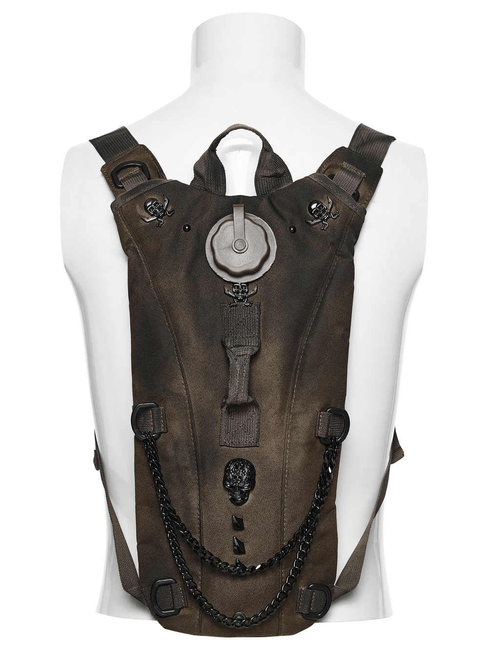 Punk Hydration Backpack with Chains and Studs featuring skull details and metal chains on a mannequin.