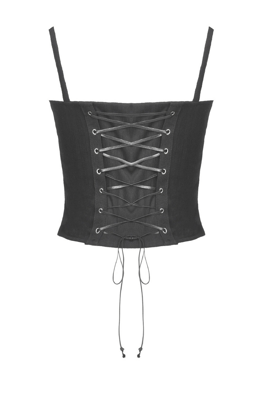 Punk lace-up front crop corset in black with adjustable straps and metal buckle, perfect for edgy alternative fashion.