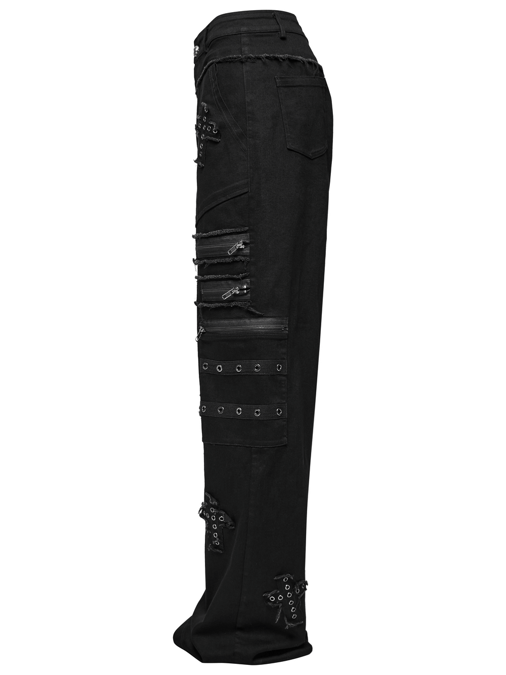 Punk straight-leg denim pants featuring cross patches and zipper details, perfect for a bold gothic look.