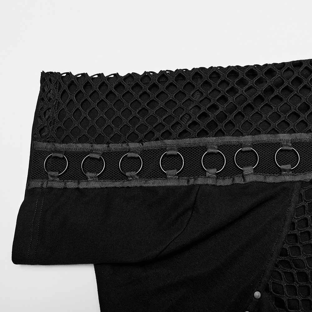 Close-up of punk men's black mesh hoodie showing mesh accents and circle webbing details.