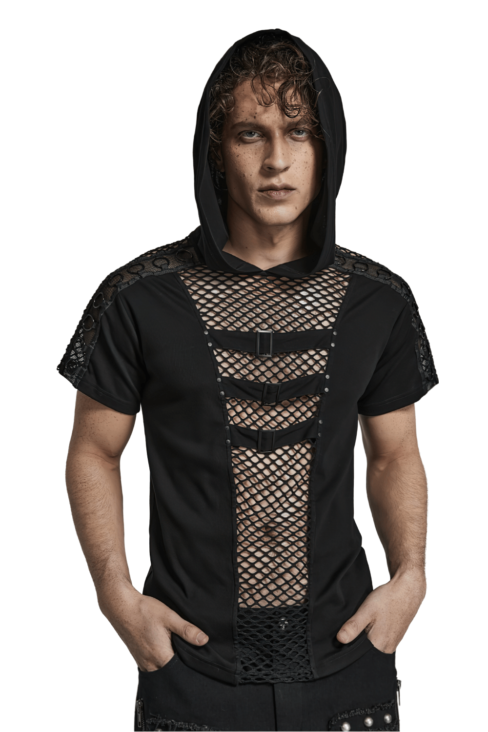Stylish men's punk black mesh hoodie t-shirt with edgy design and unique cutouts, perfect for rockstar vibes.