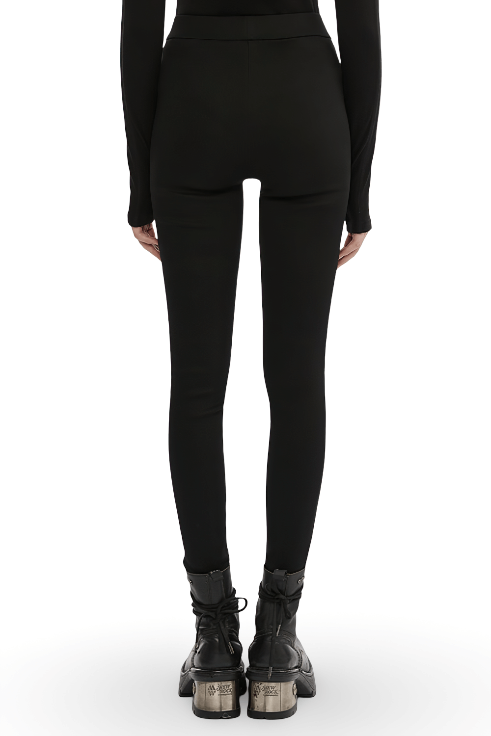 Back view of punk techwear faux leather leggings with a snug fit, paired with edgy black boots.