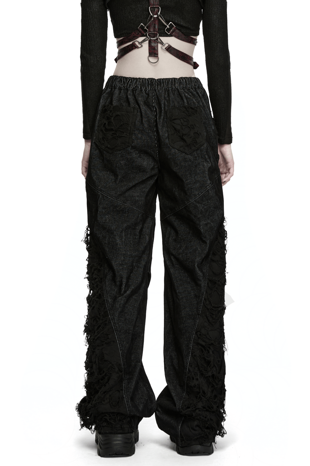 Back view of Punk Wide Leg Corduroy Pants with Shredded Mesh showcasing textured layers and relaxed fit.