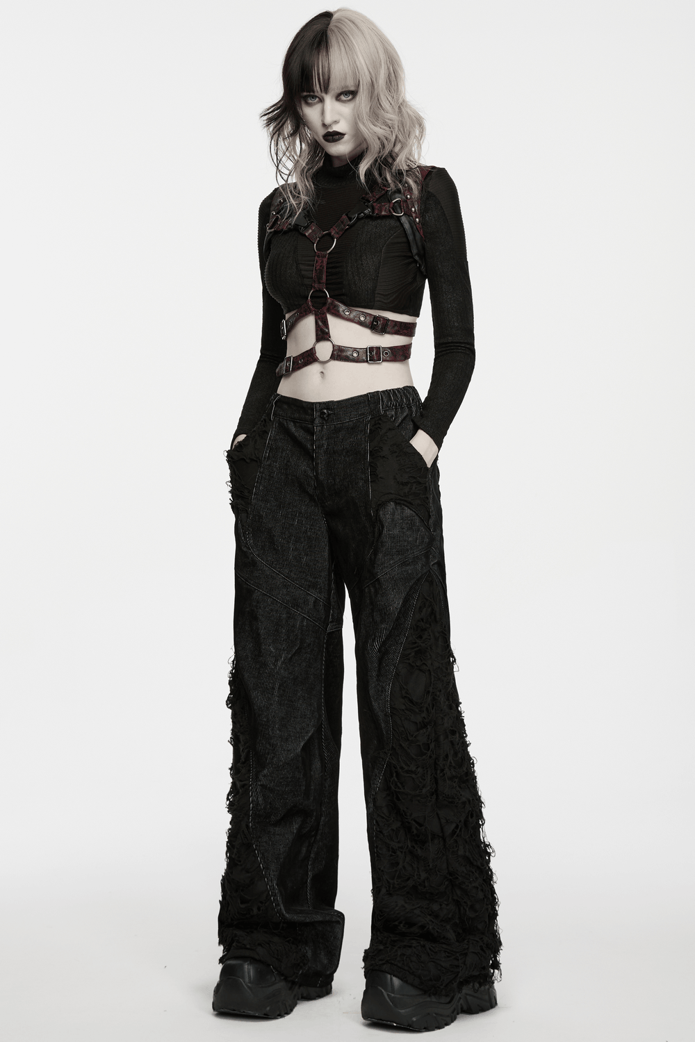 Punk Wide Leg Corduroy Pants with Shredded Mesh showcasing a bold gothic style and relaxed fit.