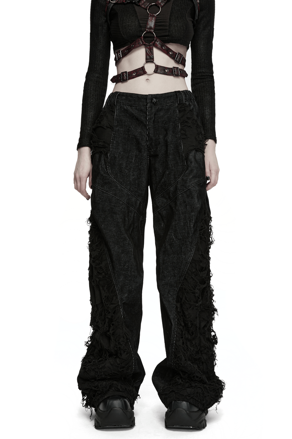 Punk Wide Leg Corduroy Pants with Shredded Mesh on model, showcasing unique design and gothic style.
