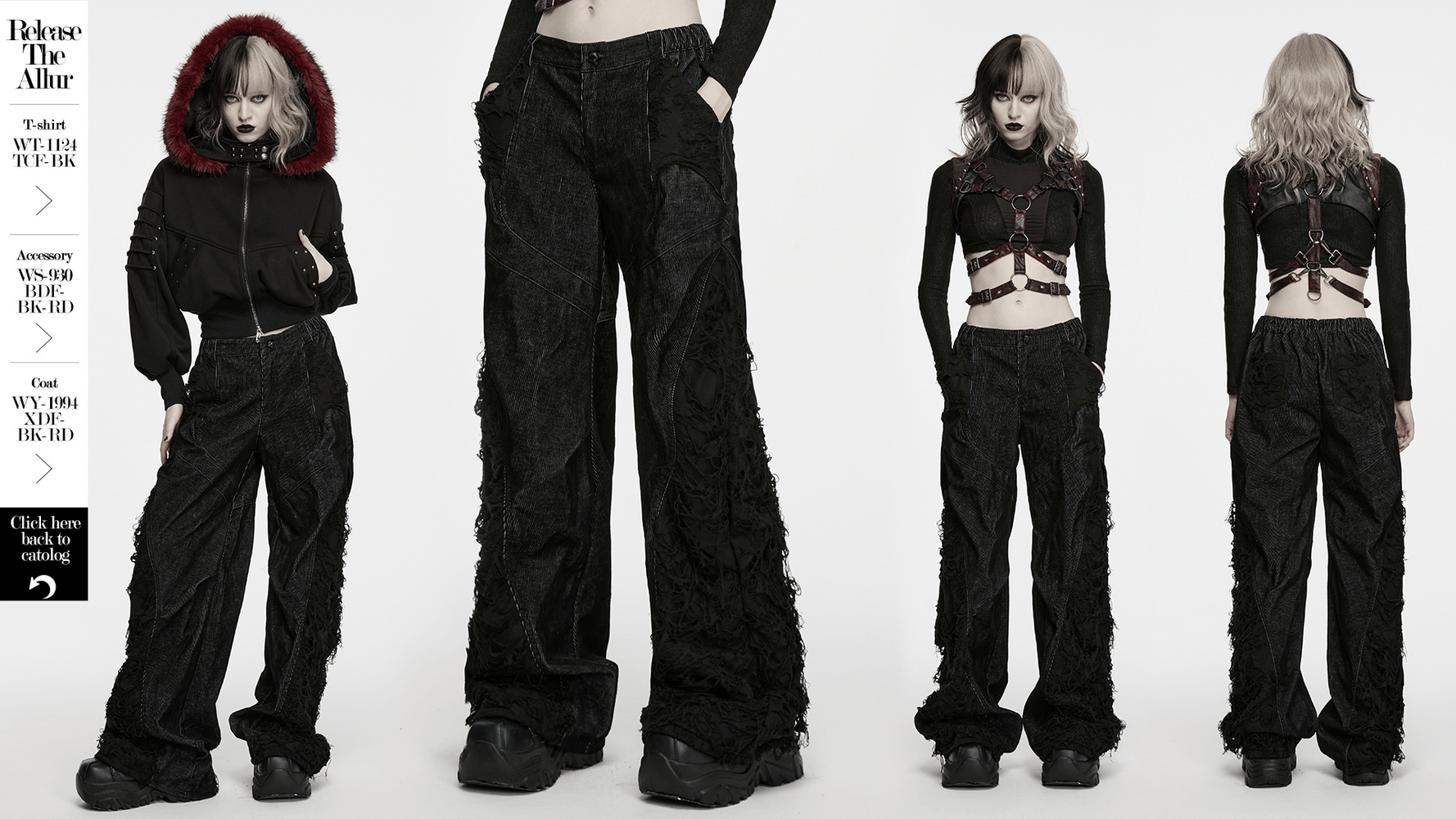 Punk Wide Leg Corduroy Pants with Shredded Mesh model showcasing layered design and textured fabric.