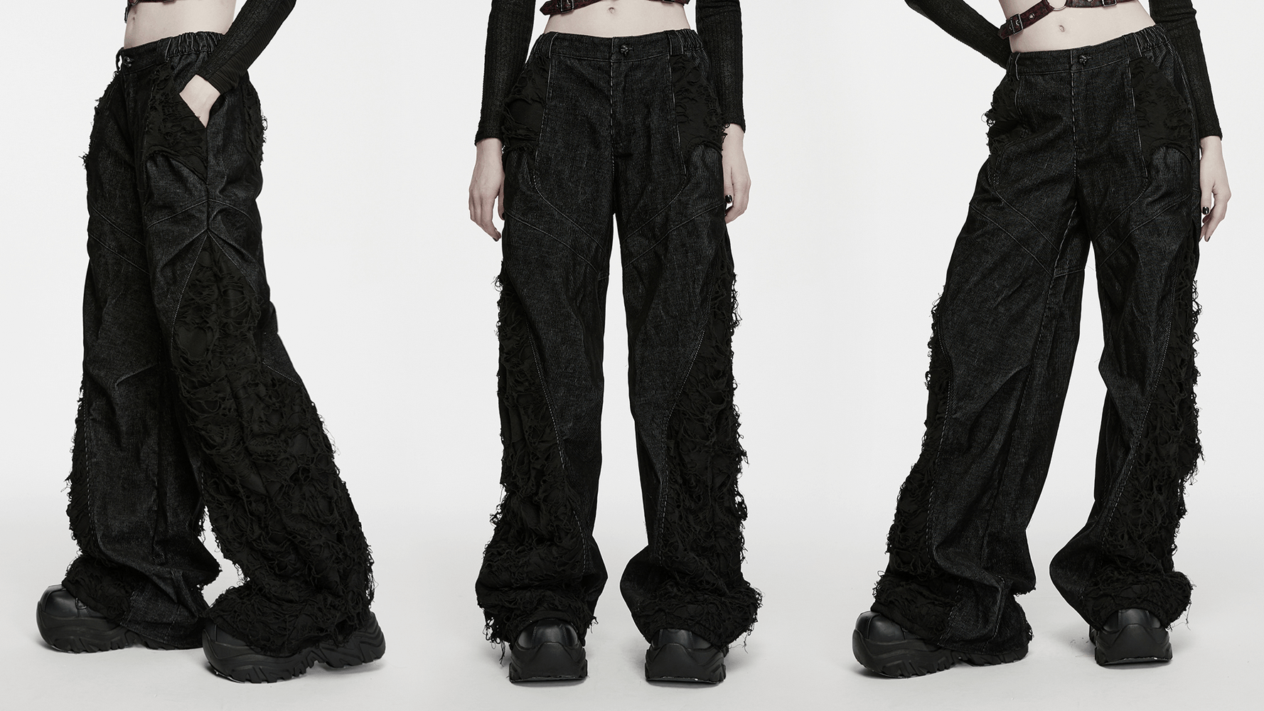 Punk Wide Leg Corduroy Pants with Shredded Mesh showcasing an edgy design and bold silhouette.