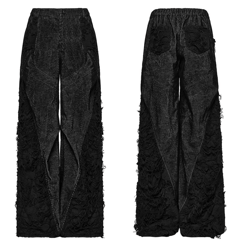 Punk Wide Leg Corduroy Pants with Shredded Mesh showcasing a bold black design and layered, textured detailing.