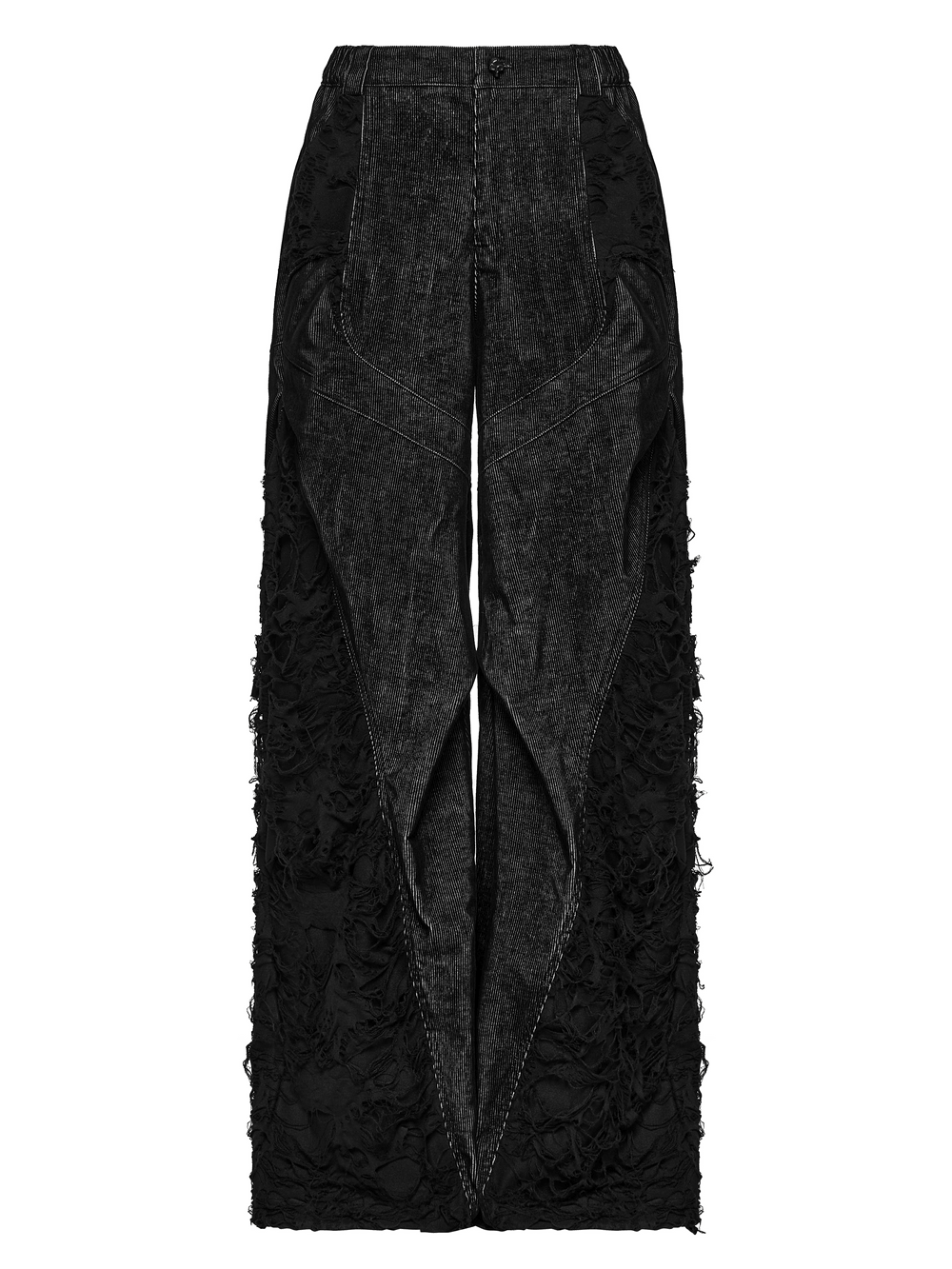Punk Wide Leg Corduroy Pants with Shredded Mesh featuring a bold layered design and textured fabric.