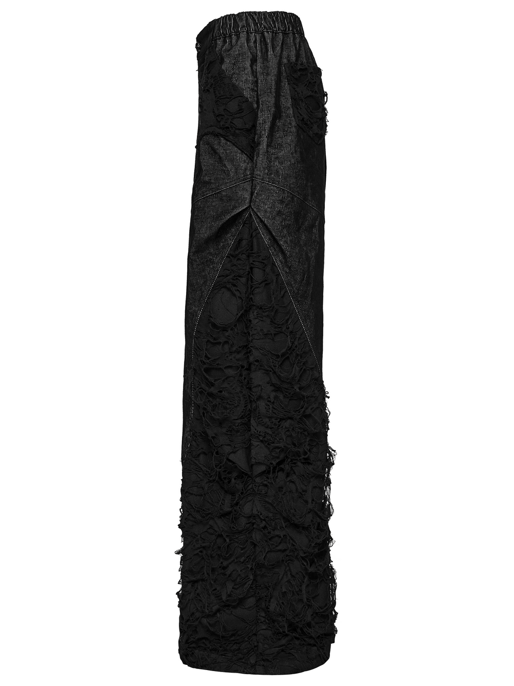 Punk Wide Leg Corduroy Pants with Shredded Mesh featuring unique textures and layered designs in black.