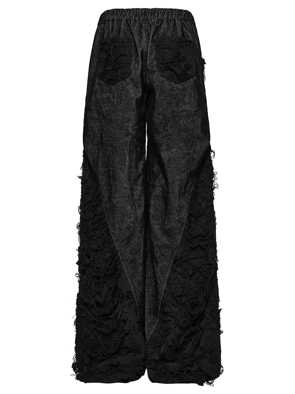 Punk Wide Leg Corduroy Pants with Shredded Mesh, showcasing a bold back view with unique layered design and distressed details.